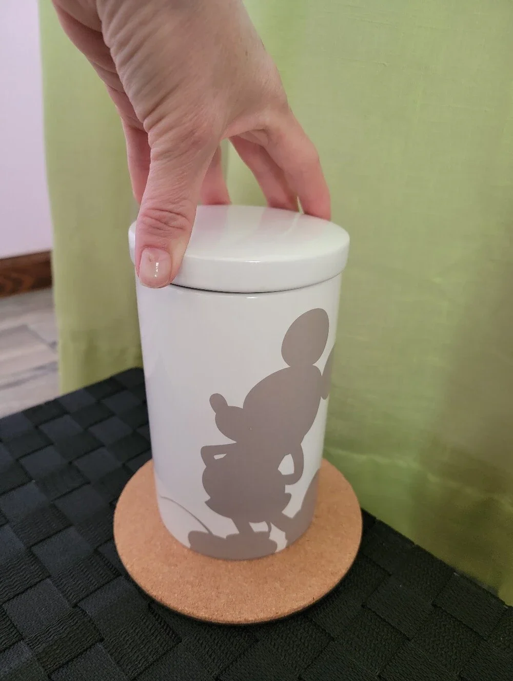 White Ceramic Canister with Taupe Mickey Silhouette